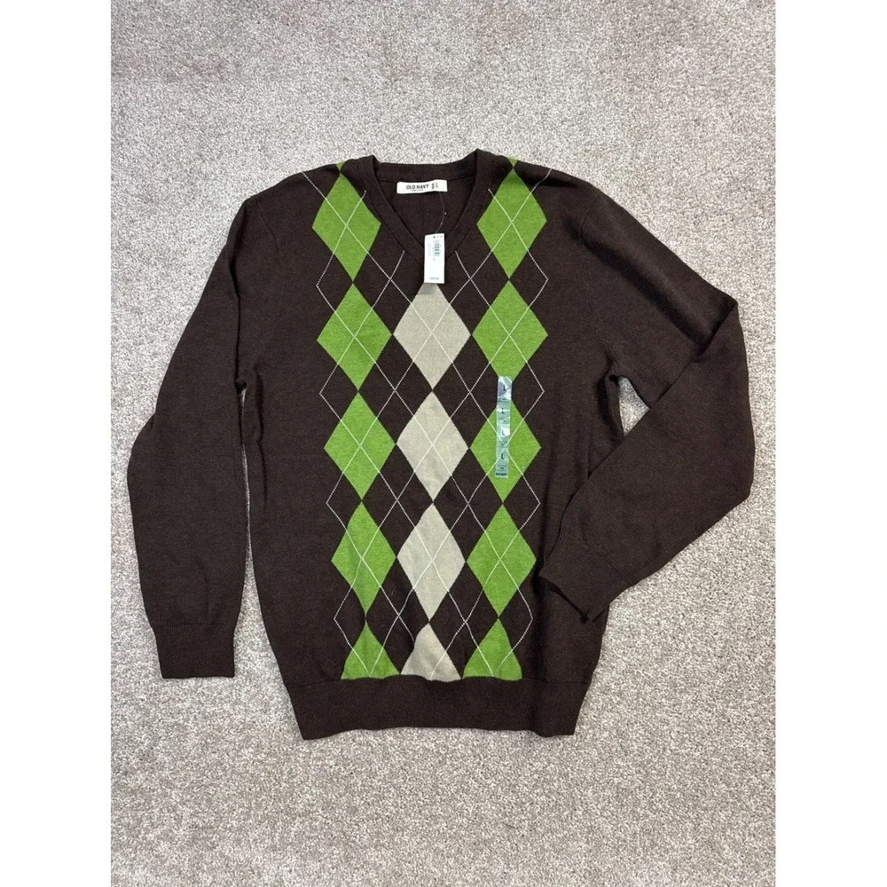 Old Navy Mens Argyle V-Neck Sweater Brown Green Tan Size L NWT